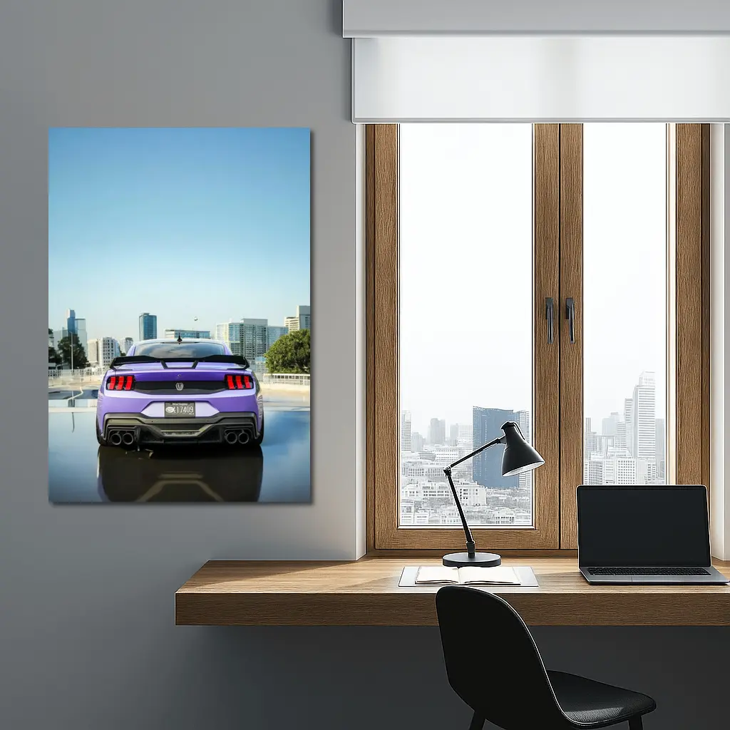 Purple Ford Mustang Rear City Skyline – Wall Art