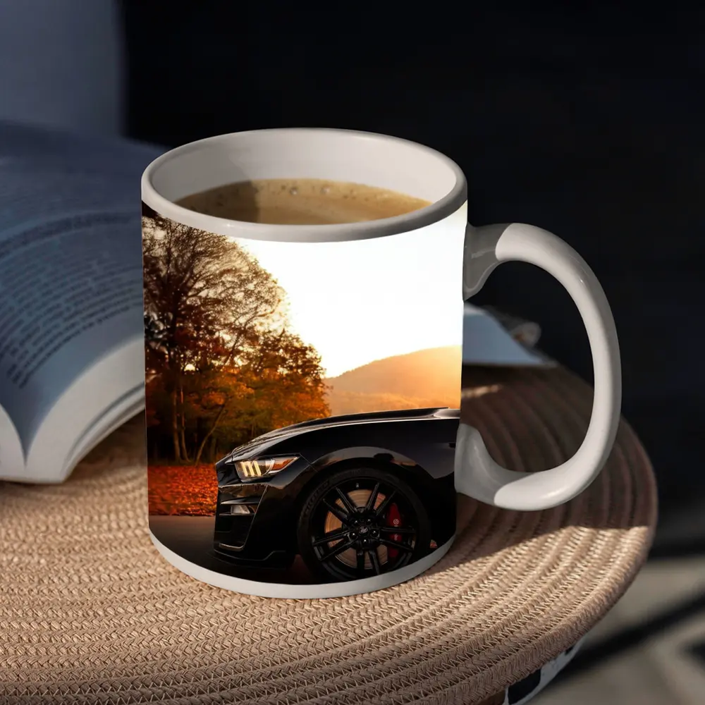 Black Ford Mustang Autumn Sunset Mountain – Mugs