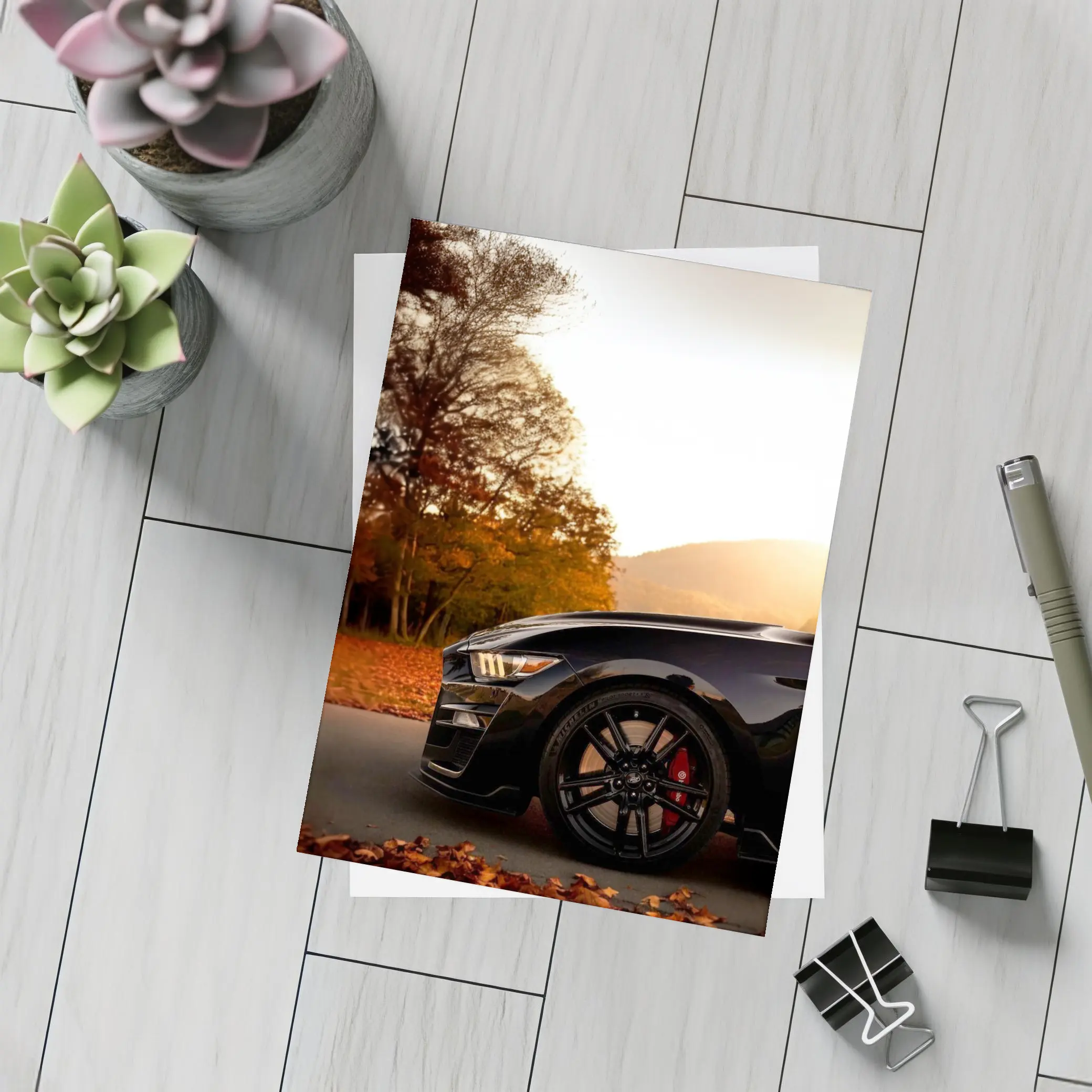 Black Ford Mustang Autumn Sunset Mountain – Postcards