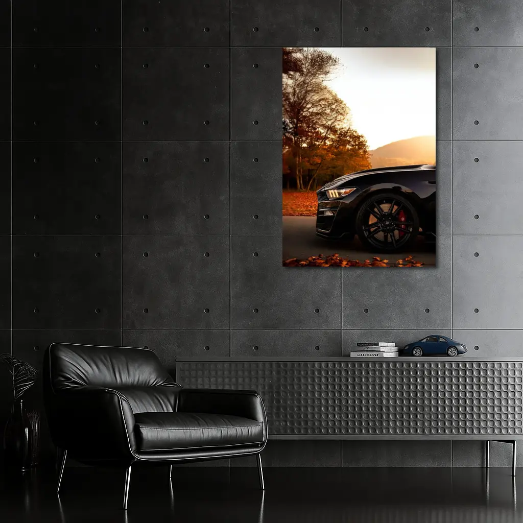 Black Ford Mustang Autumn Sunset Mountain – Wall Art