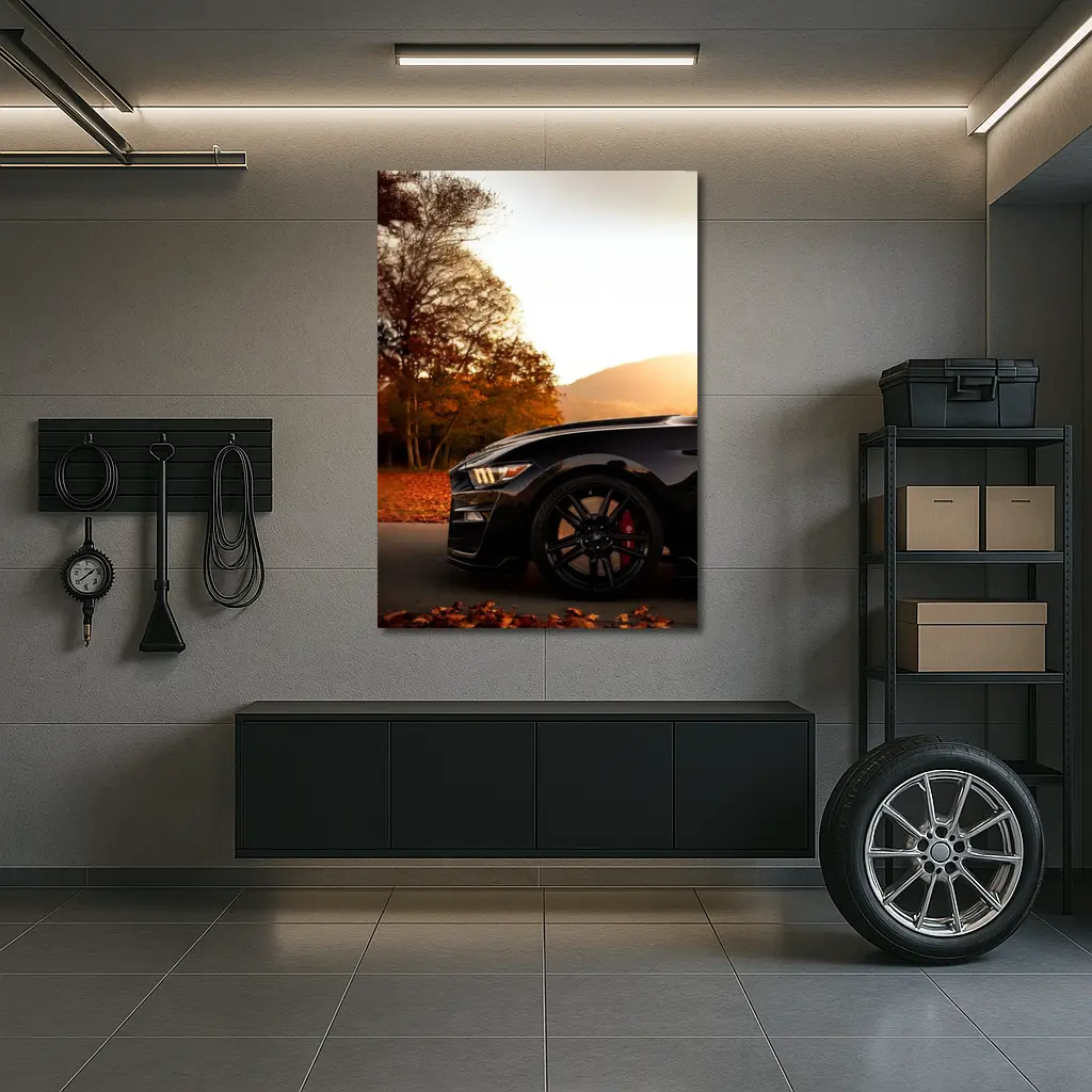 Black Ford Mustang Autumn Sunset Mountain – Wall Art