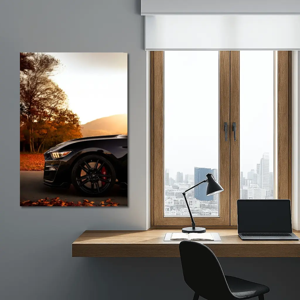 Black Ford Mustang Autumn Sunset Mountain – Wall Art