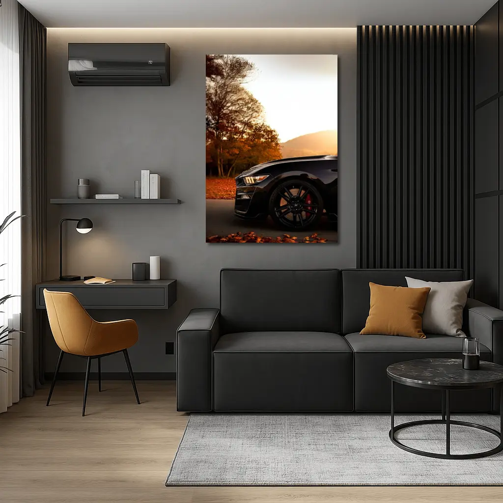 Black Ford Mustang Autumn Sunset Mountain – Wall Art