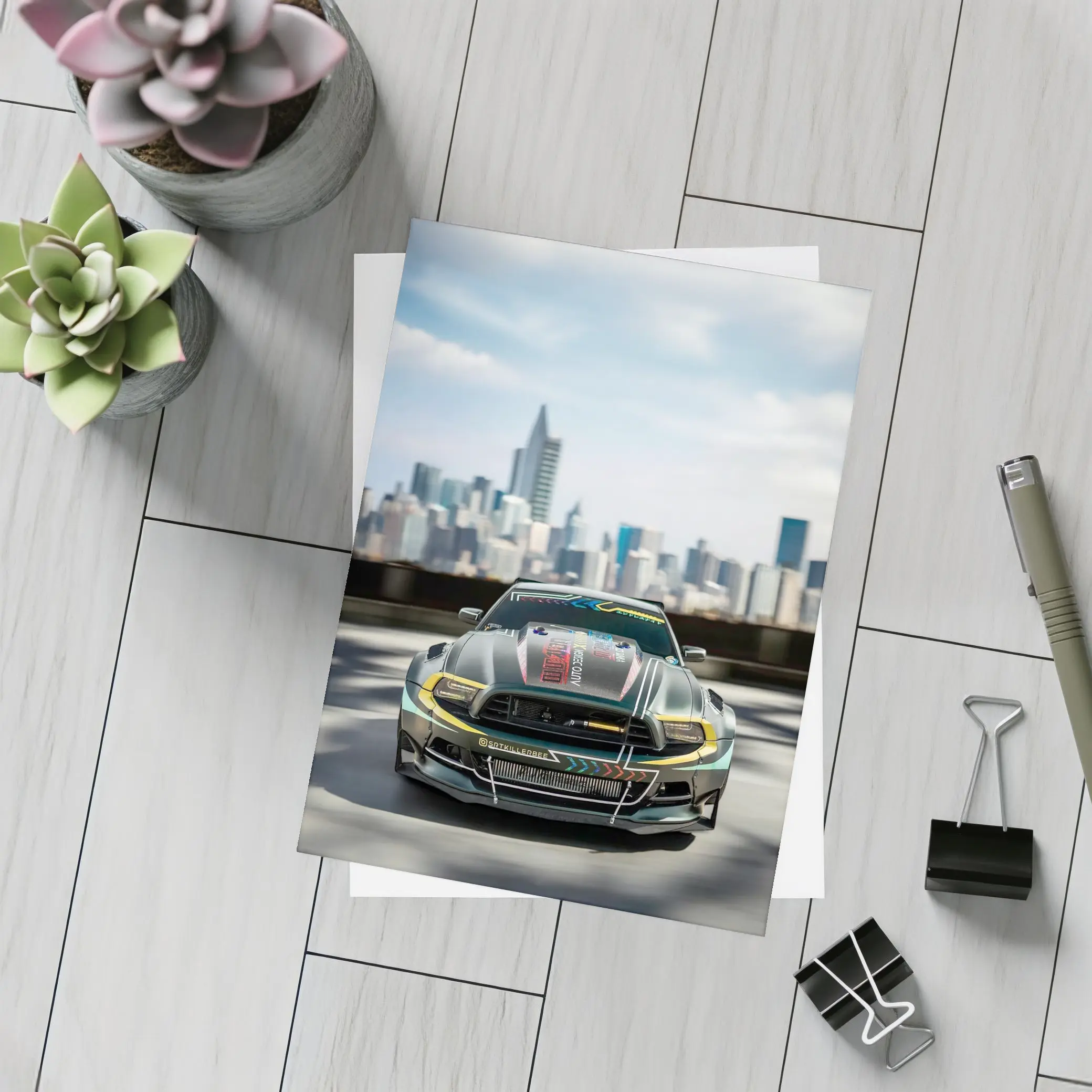 Ford Mustang Race Car City Skyline – Postcards