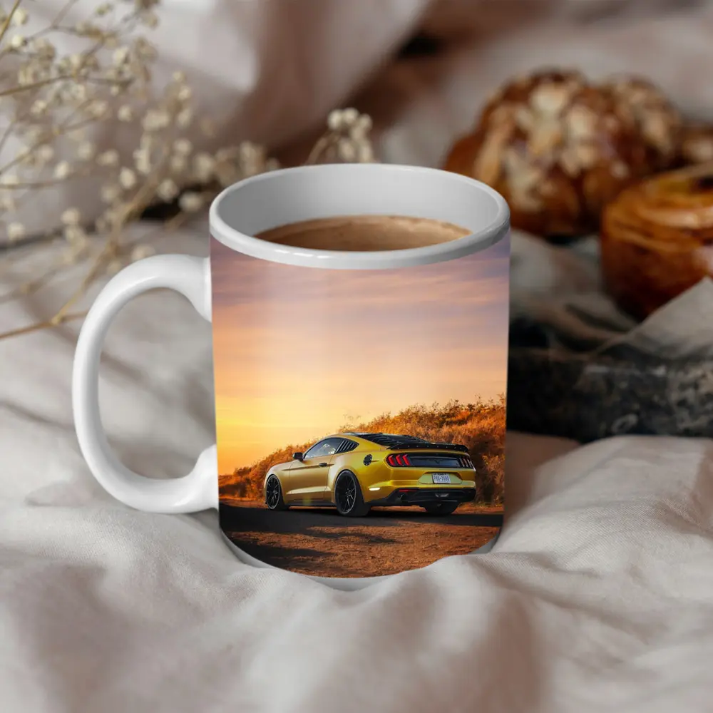 Ford Mustang Yellow Car Sunset Dirt Road – Mugs