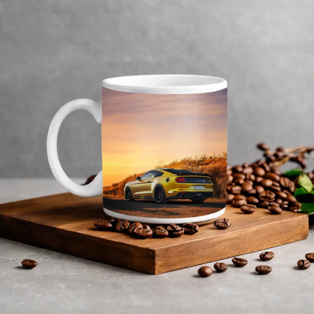 Ford Mustang Yellow Car Sunset Dirt Road – Mugs