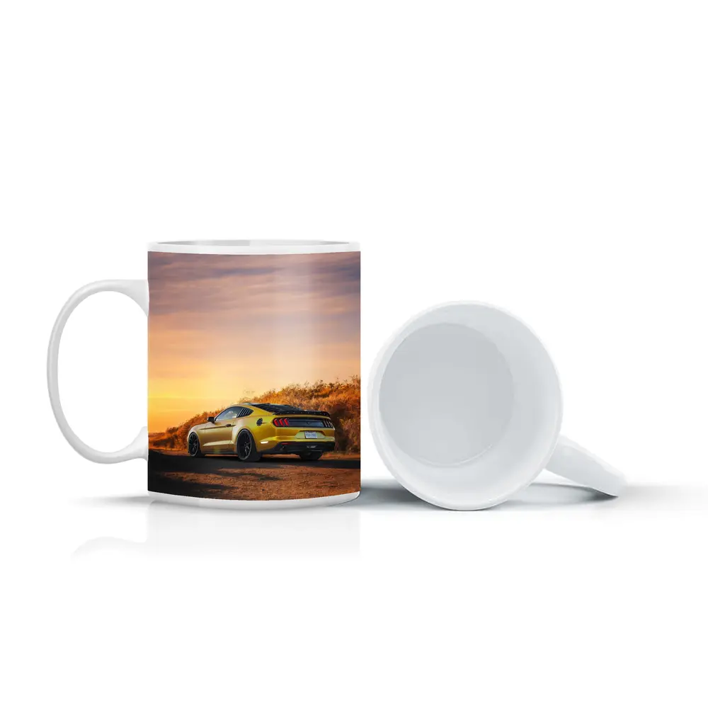 Ford Mustang Yellow Car Sunset Dirt Road – Mugs