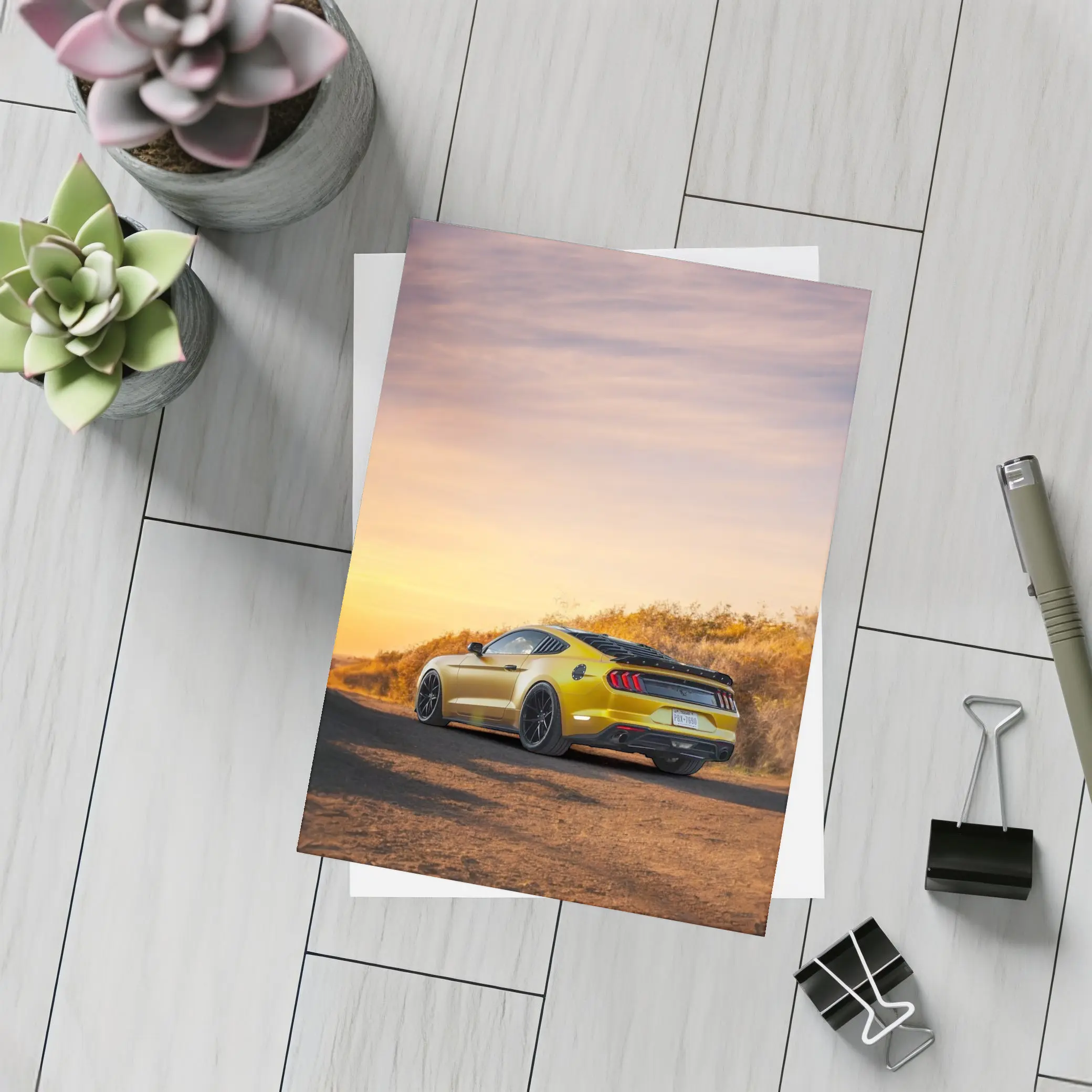 Ford Mustang Yellow Car Sunset Dirt Road – Postcards