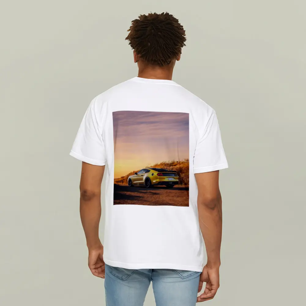 Ford Mustang Yellow Car Sunset Dirt Road – T-Shirts