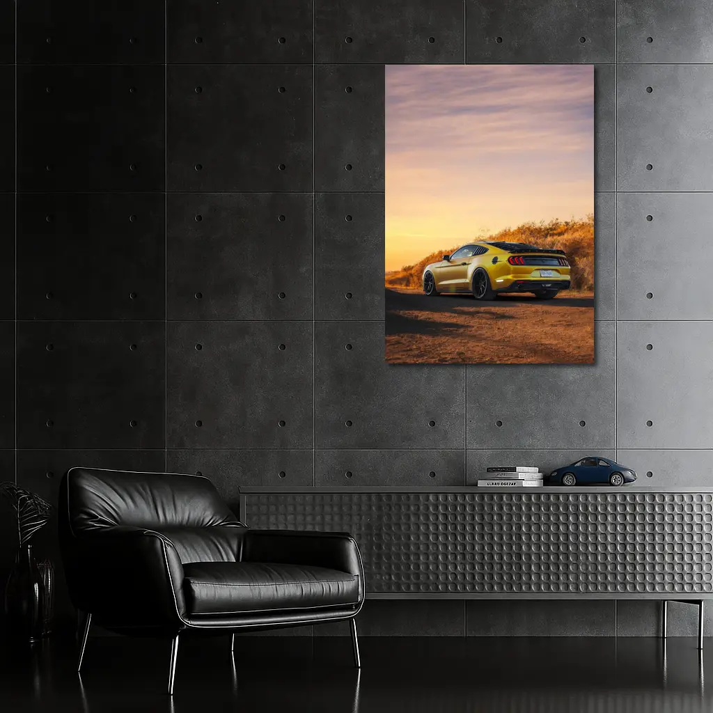 Ford Mustang Yellow Car Sunset Dirt Road – Wall Art