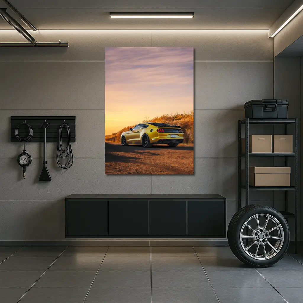 Ford Mustang Yellow Car Sunset Dirt Road – Wall Art