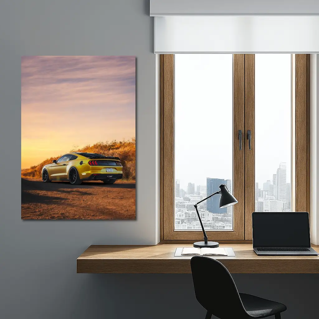 Ford Mustang Yellow Car Sunset Dirt Road – Wall Art