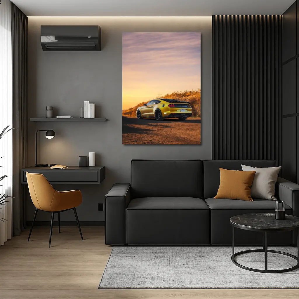 Ford Mustang Yellow Car Sunset Dirt Road – Wall Art