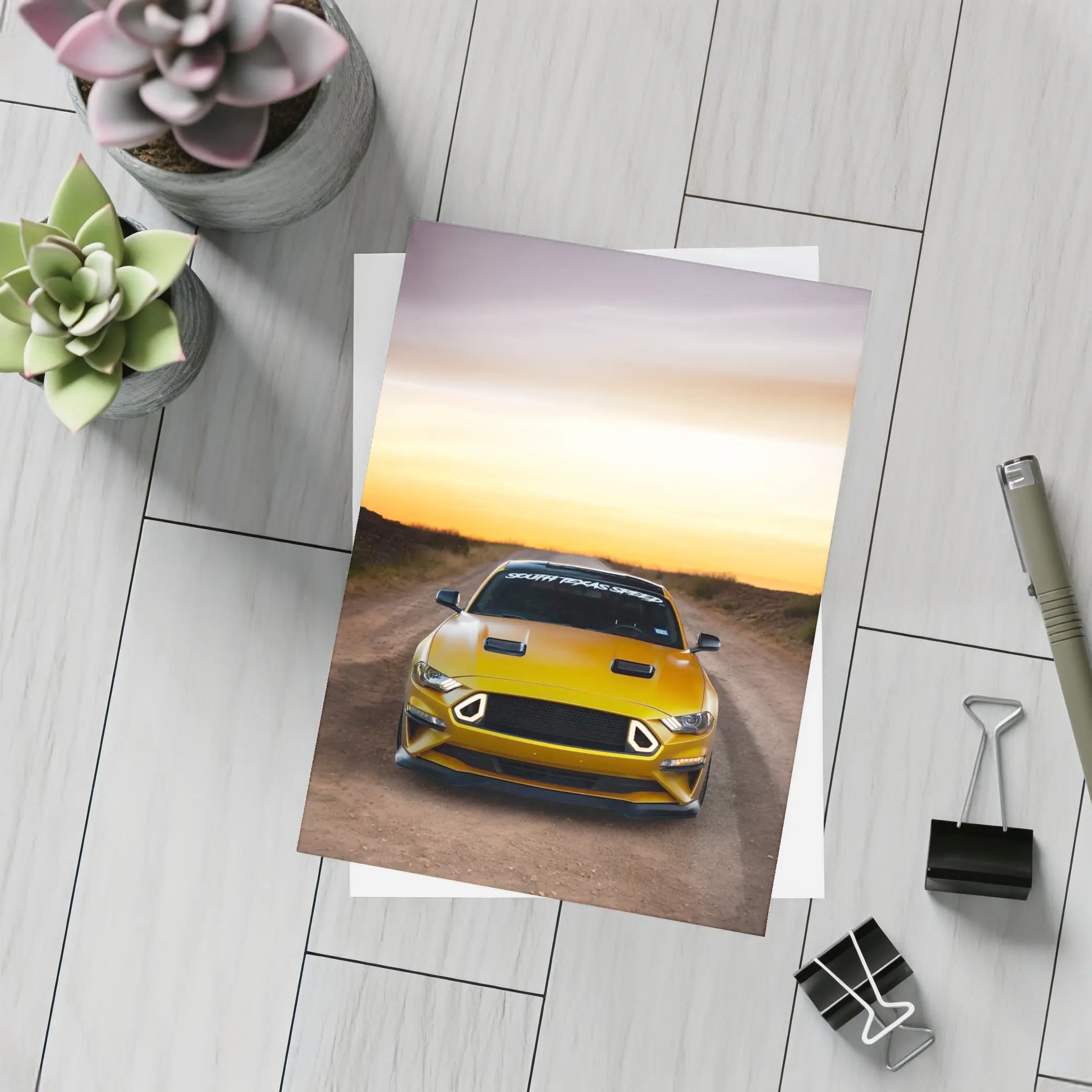 Ford Mustang Golden Sunset Dirt Road – Postcards