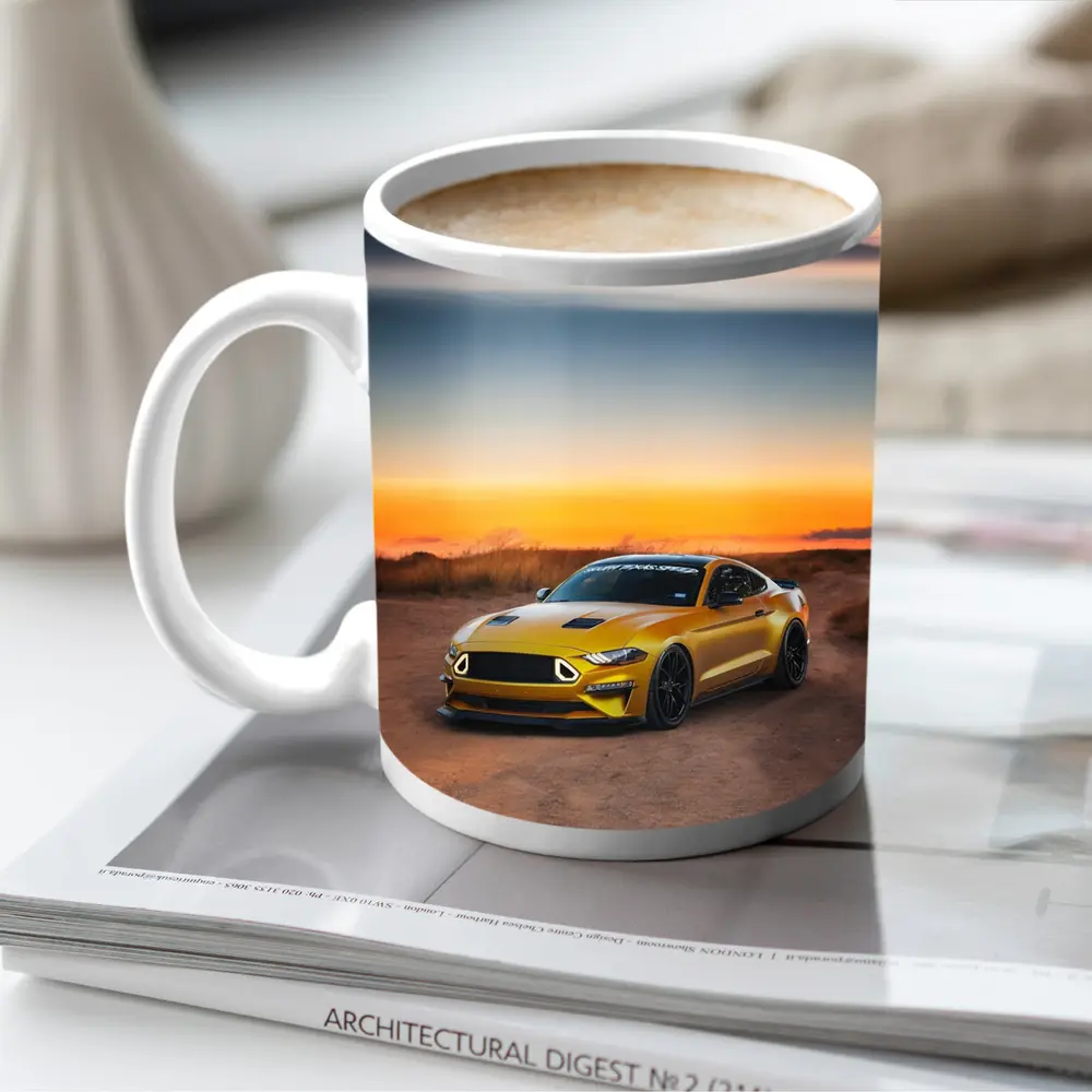 Ford Mustang Yellow Sports Car Sunset Sky – Mugs