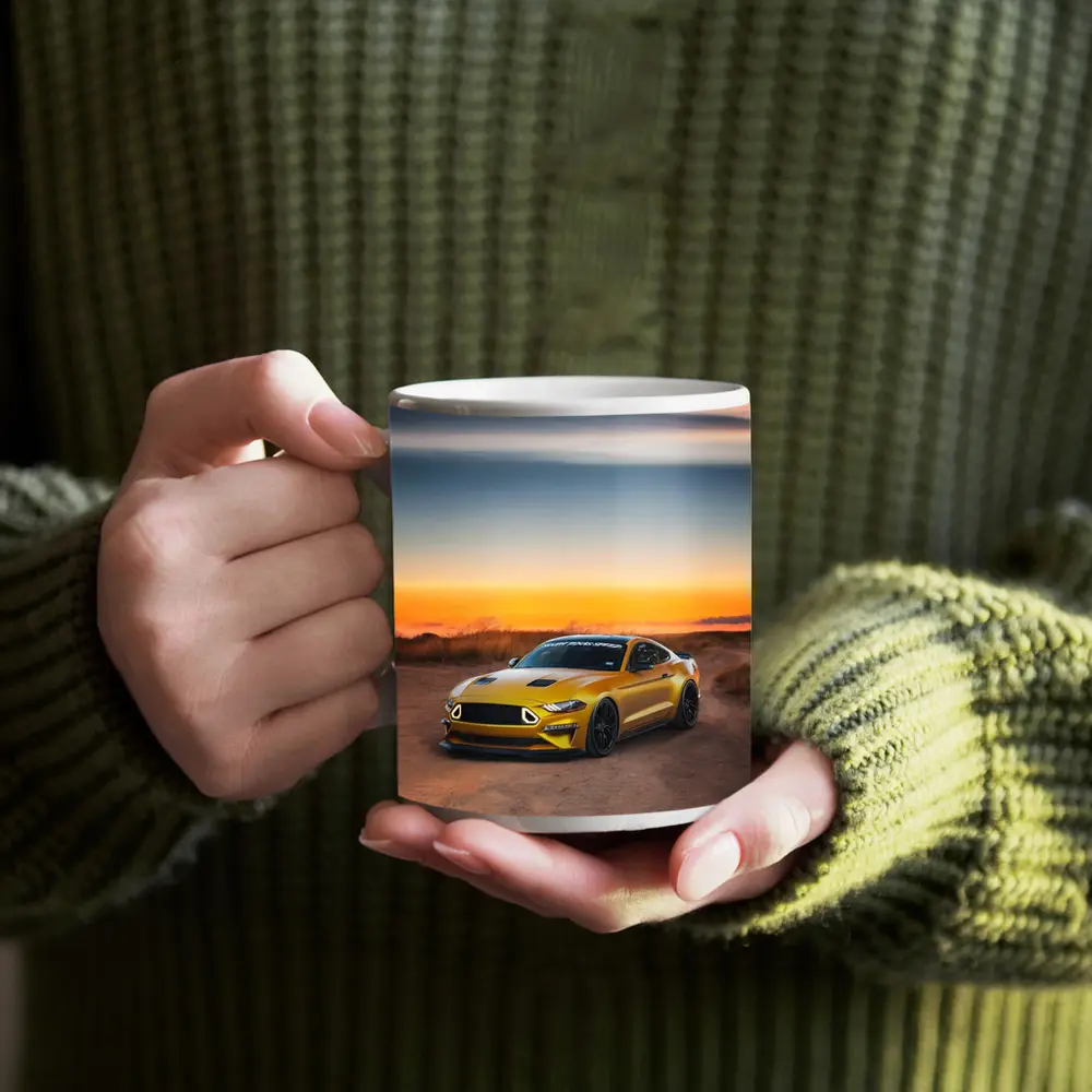 Ford Mustang Yellow Sports Car Sunset Sky – Mugs