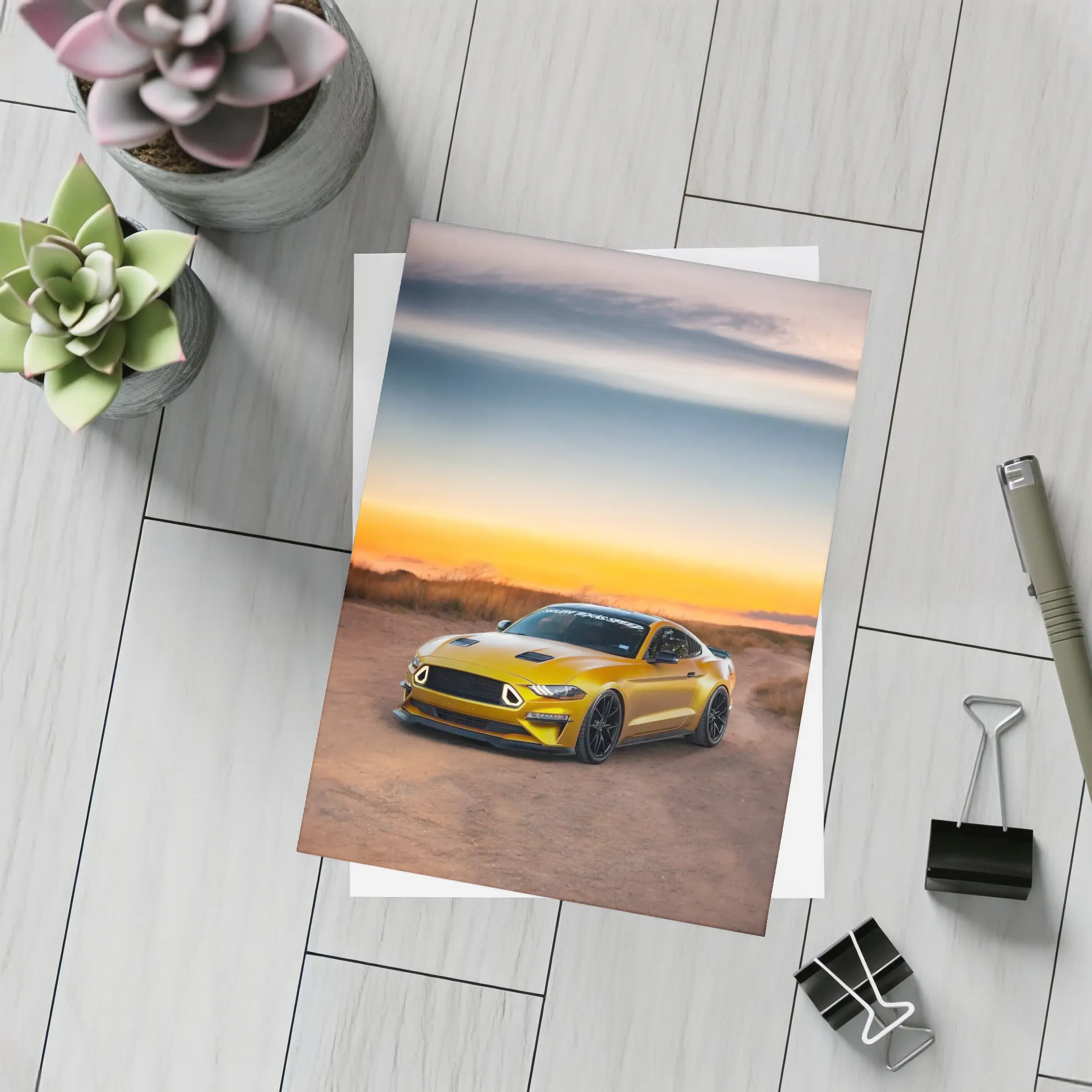 Ford Mustang Yellow Sports Car Sunset Sky – Postcards