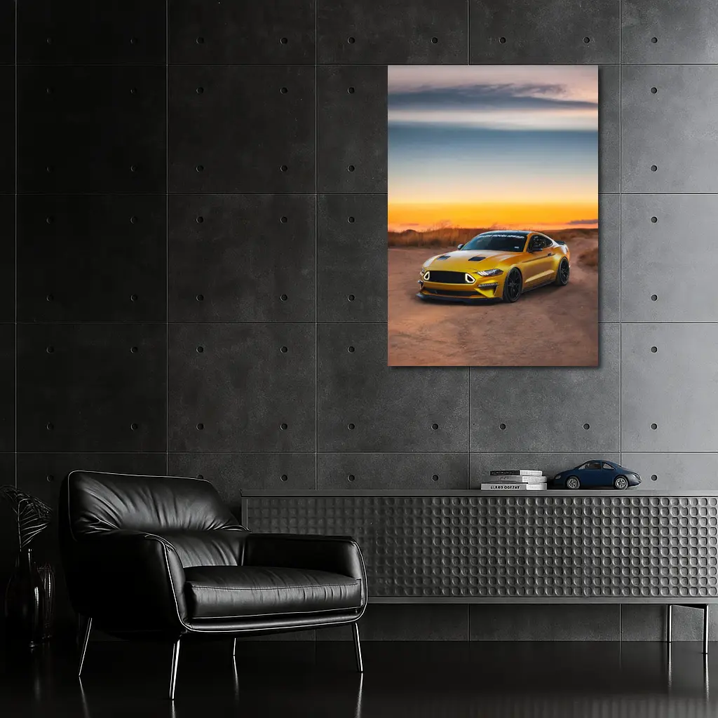 Ford Mustang Yellow Sports Car Sunset Sky – Wall Art