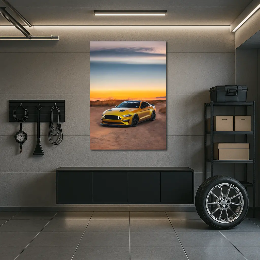 Ford Mustang Yellow Sports Car Sunset Sky – Wall Art