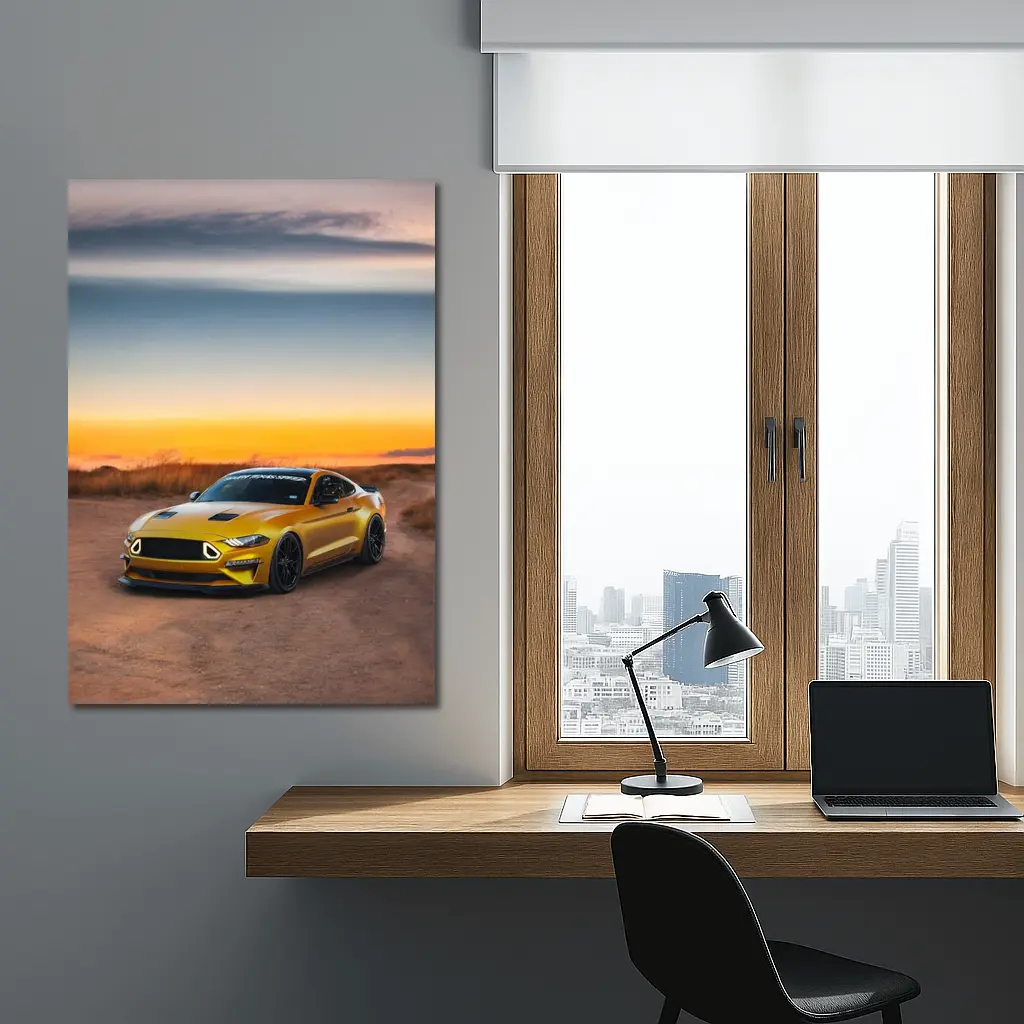 Ford Mustang Yellow Sports Car Sunset Sky – Wall Art