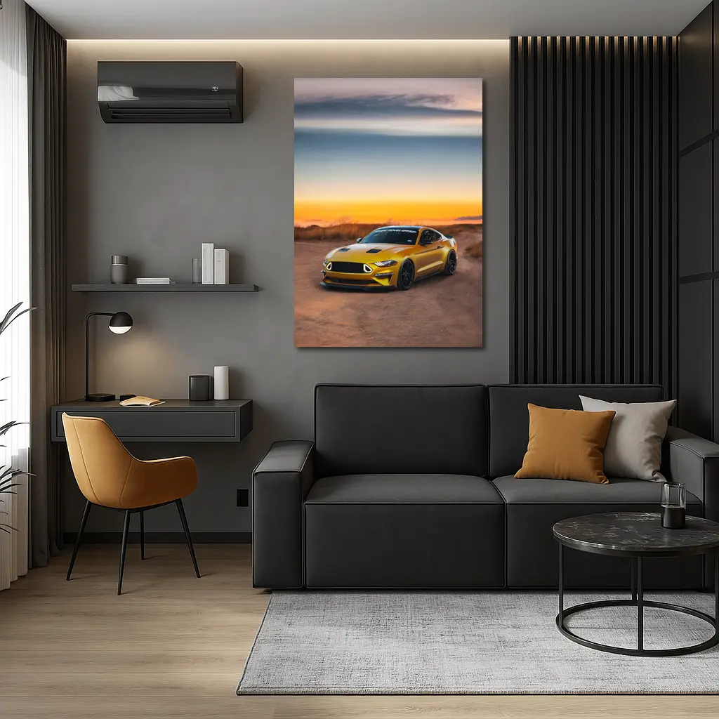 Ford Mustang Yellow Sports Car Sunset Sky – Wall Art