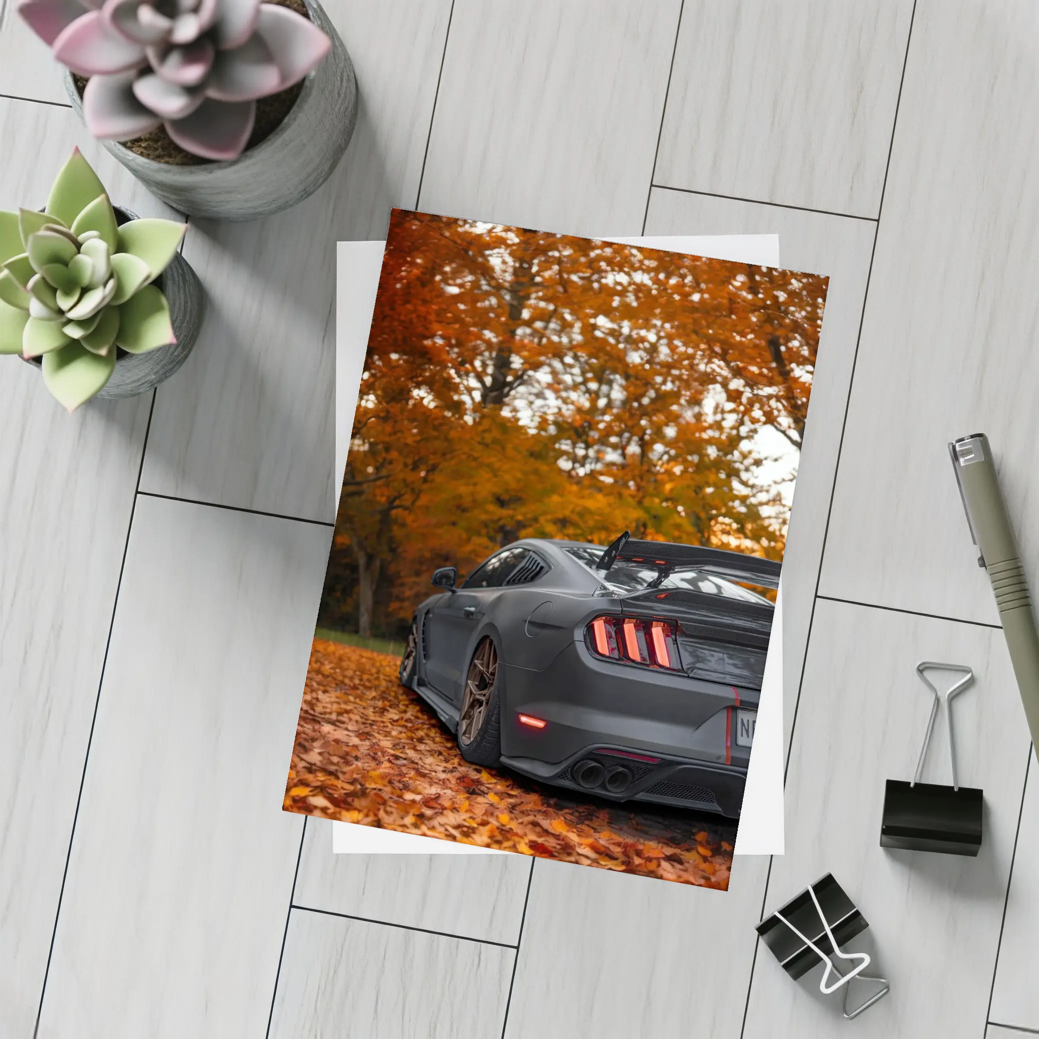 Ford Mustang Matte Gray Autumn Forest – Postcards