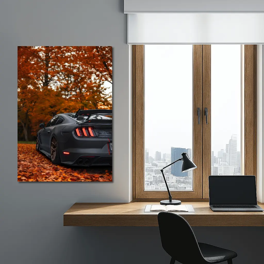 Ford Mustang Matte Gray Autumn Forest – Wall Art