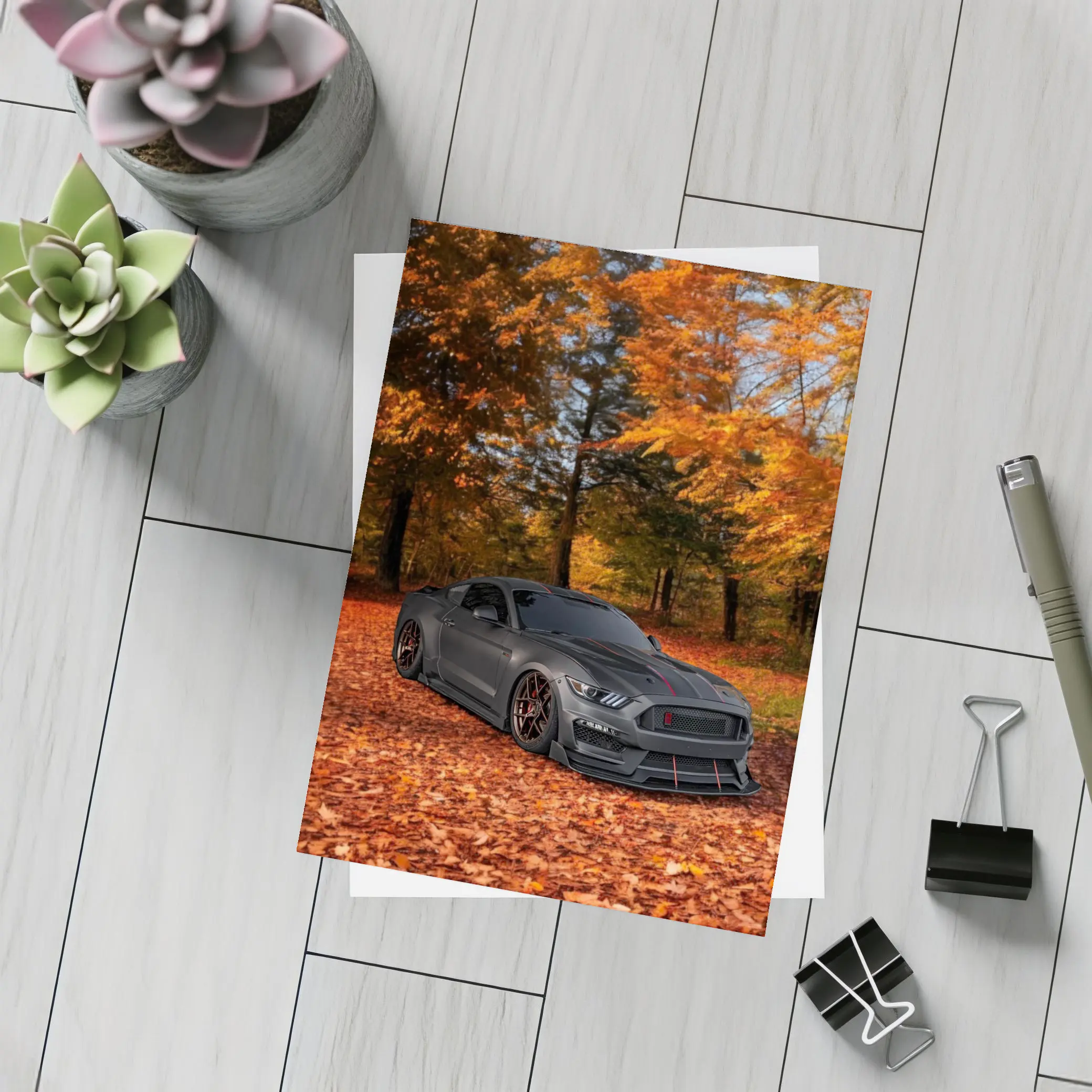 Ford Mustang Shelby Matte Gray Autumn Forest – Postcards