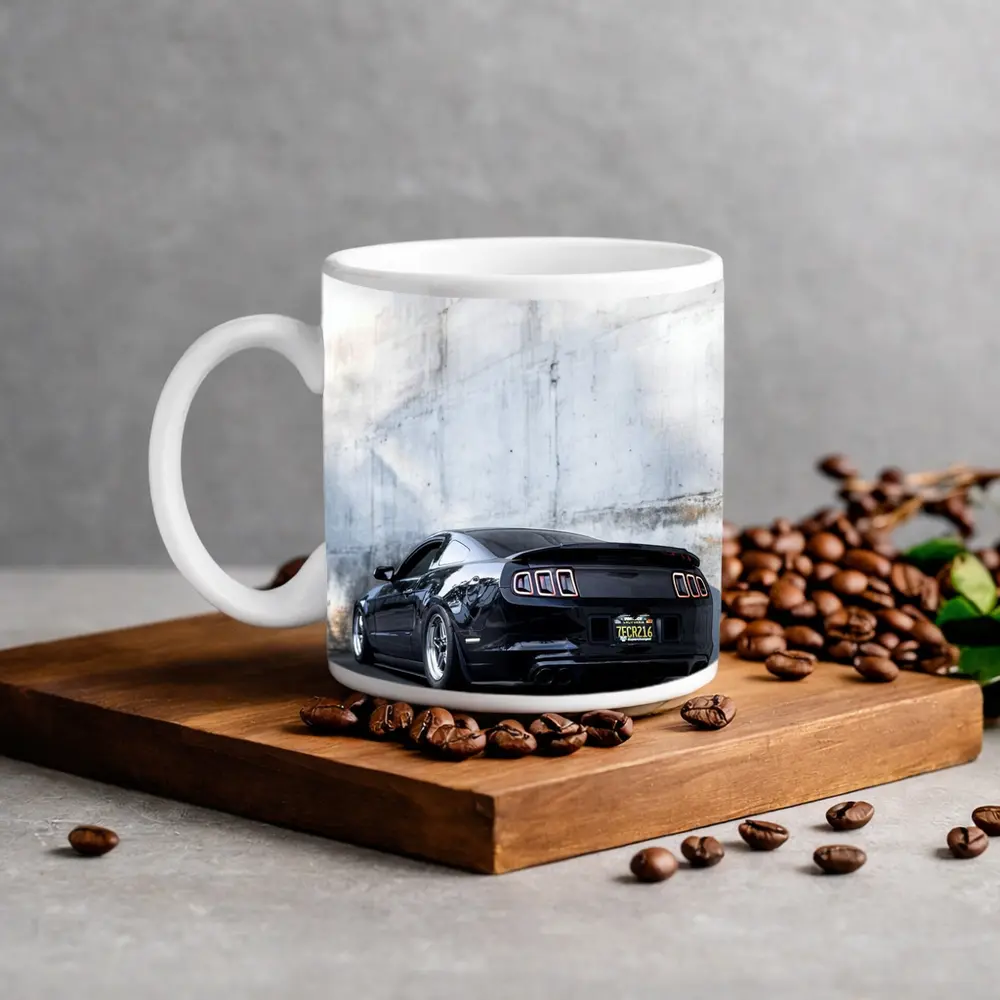 Black Ford Mustang Against Concrete Wall – Mugs
