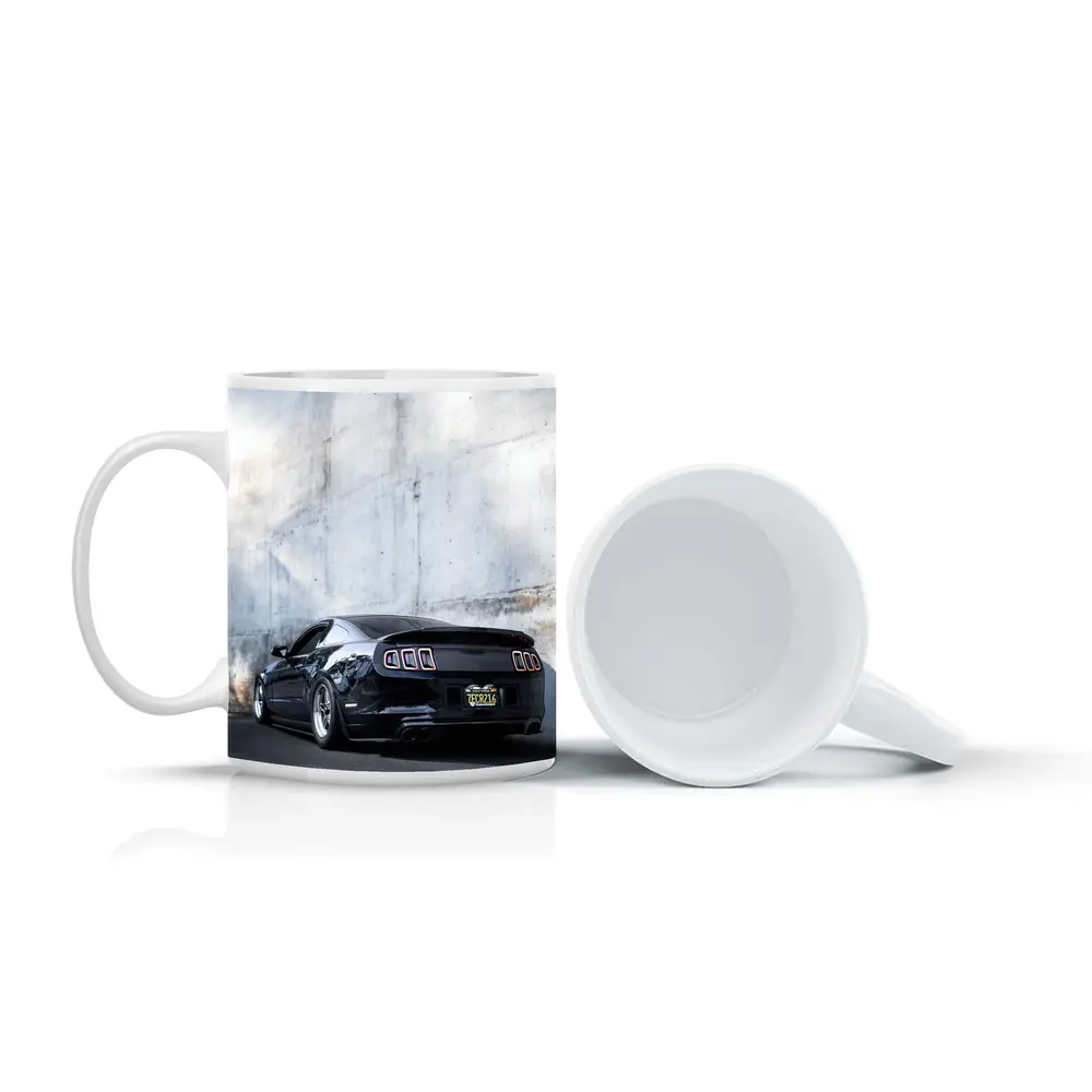 Black Ford Mustang Against Concrete Wall – Mugs