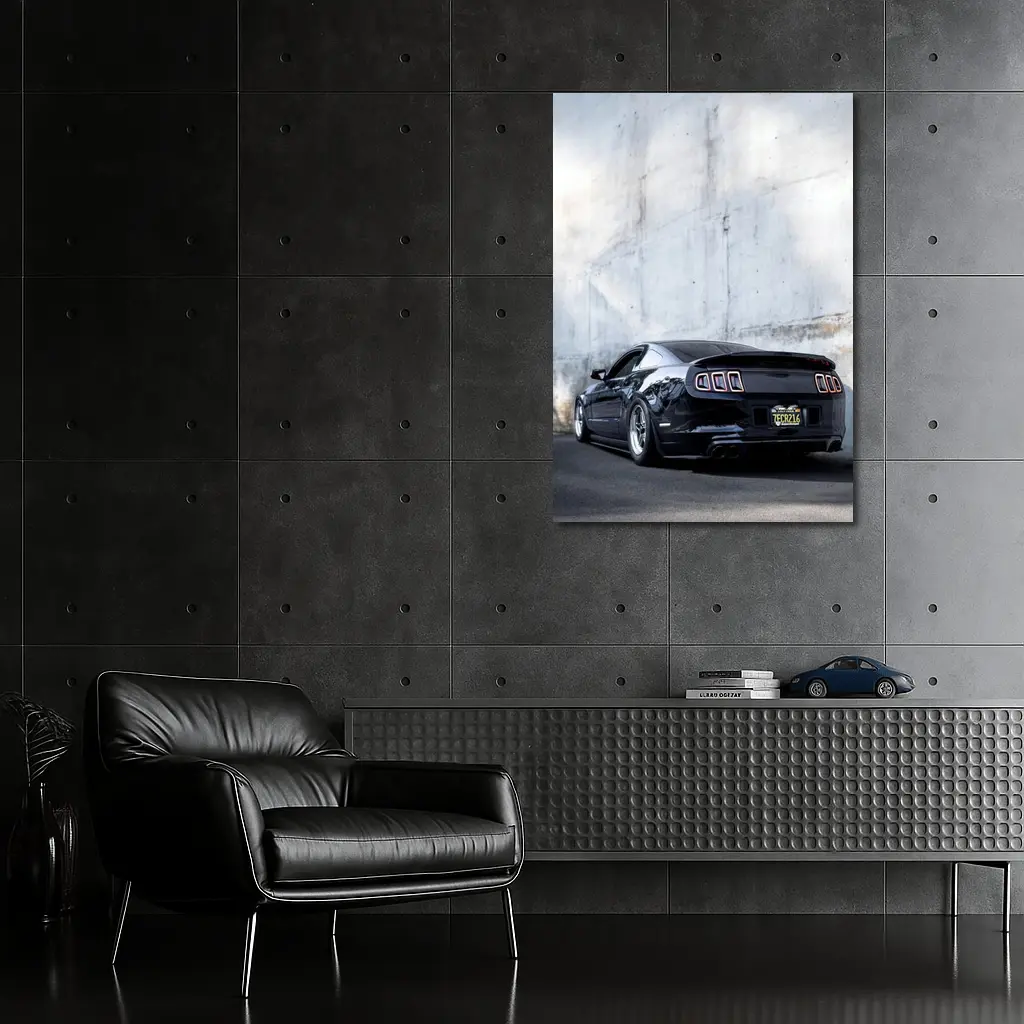 Black Ford Mustang Against Concrete Wall – Wall Art
