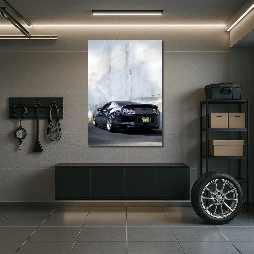 Black Ford Mustang Against Concrete Wall – Wall Art
