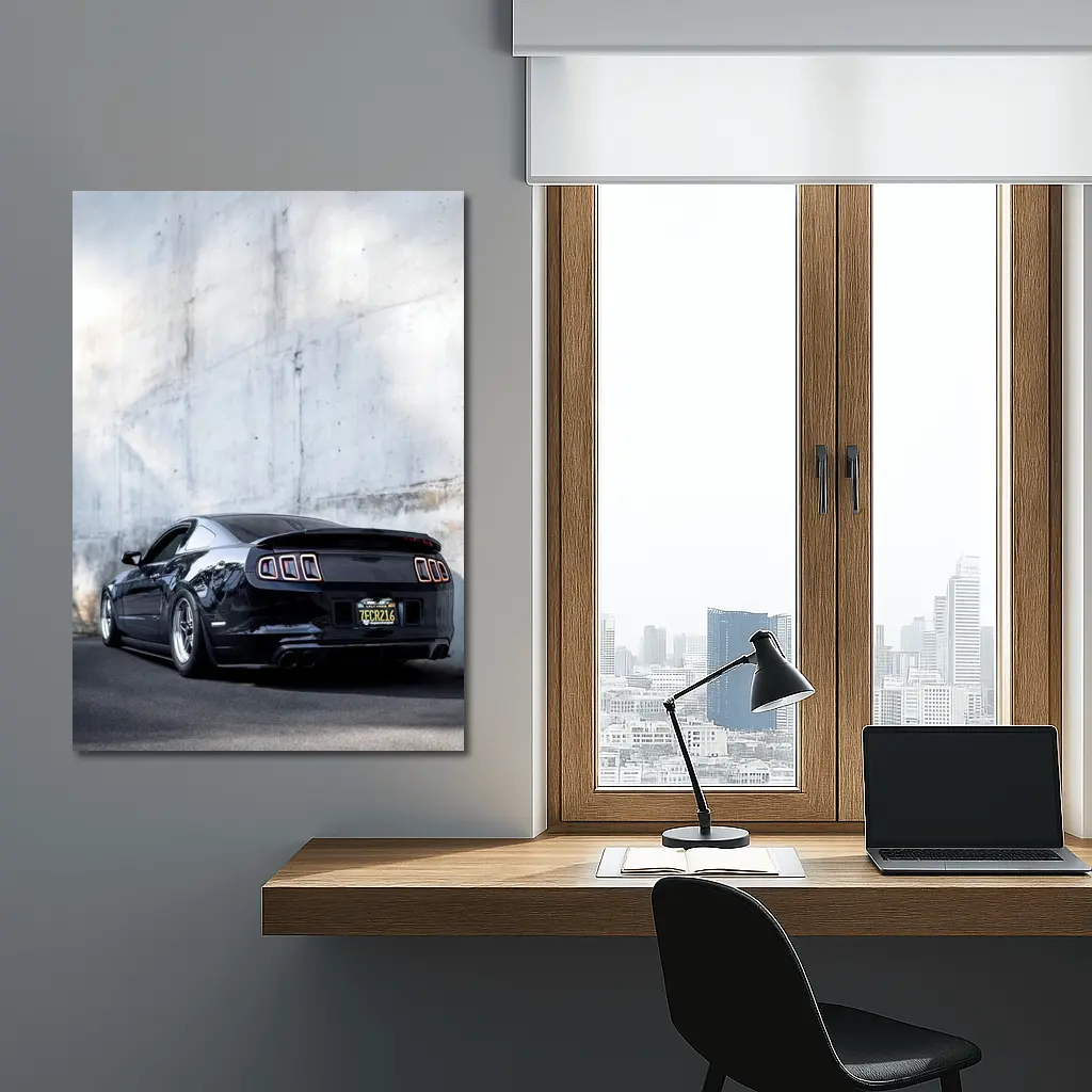 Black Ford Mustang Against Concrete Wall – Wall Art