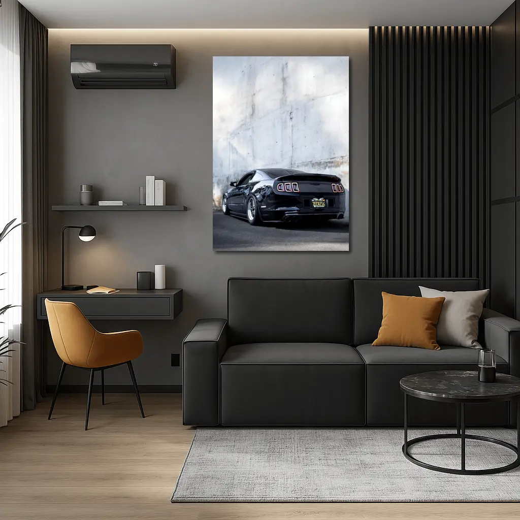 Black Ford Mustang Against Concrete Wall – Wall Art