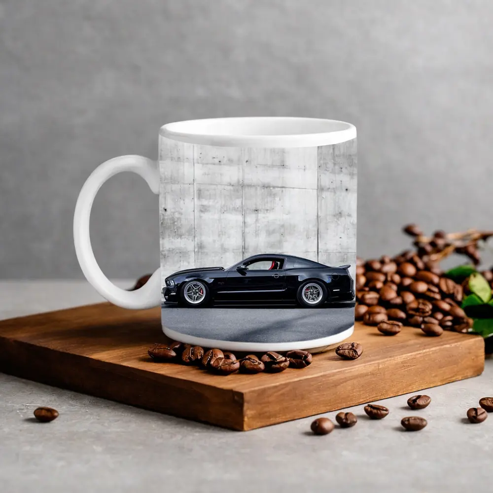 Black Ford Mustang Against Concrete Wall – Mugs