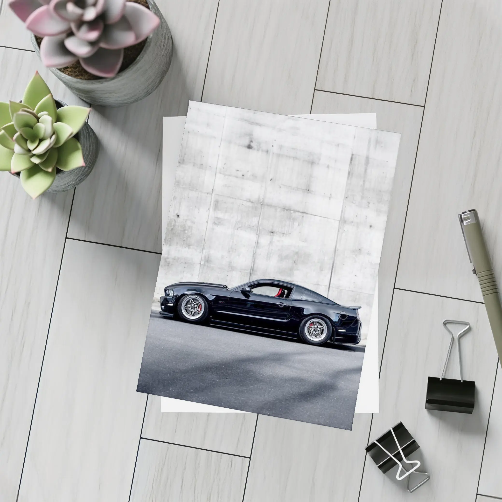 Black Ford Mustang Against Concrete Wall – Postcards