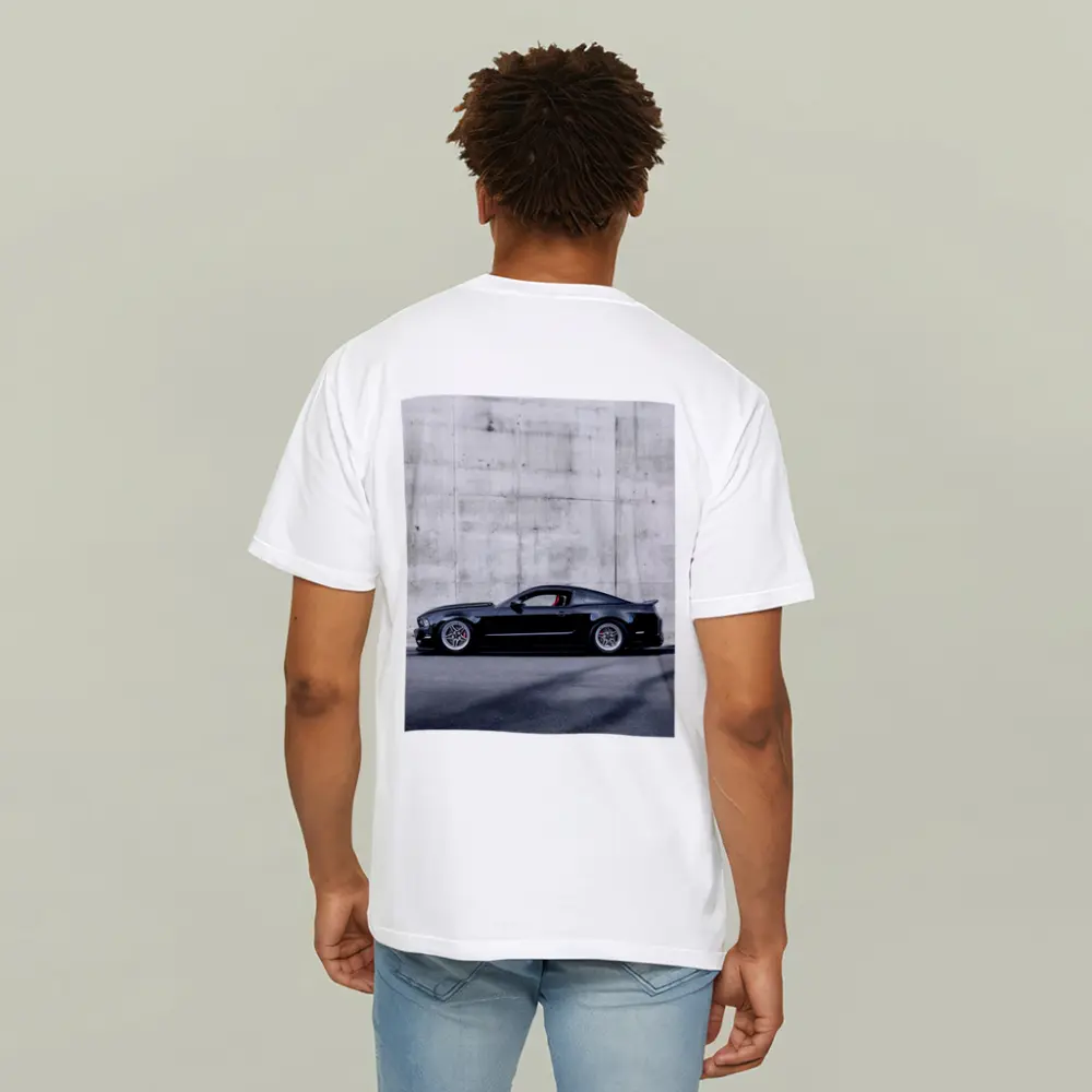 Black Ford Mustang Against Concrete Wall – T-Shirts