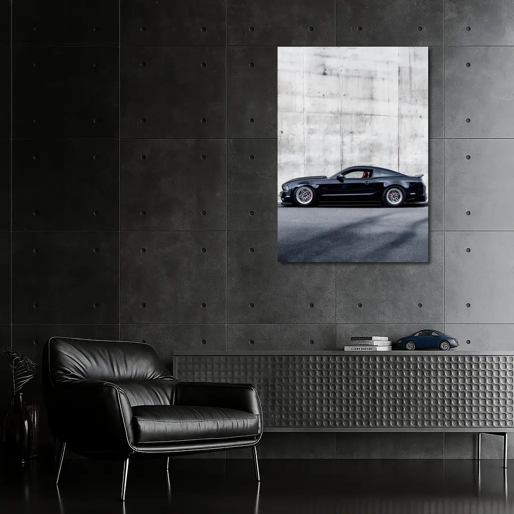 Black Ford Mustang Against Concrete Wall – Wall Art