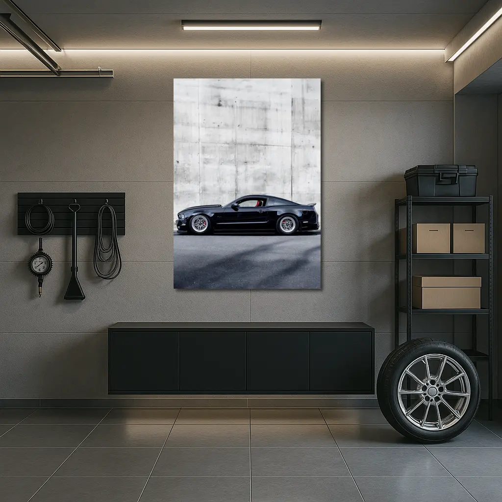 Black Ford Mustang Against Concrete Wall – Wall Art