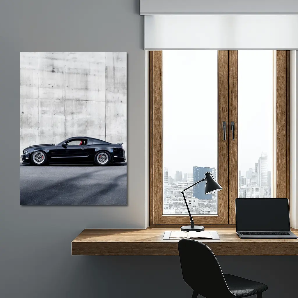 Black Ford Mustang Against Concrete Wall – Wall Art