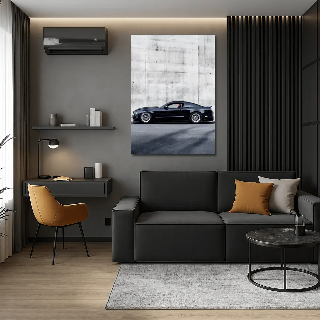 Black Ford Mustang Against Concrete Wall – Wall Art