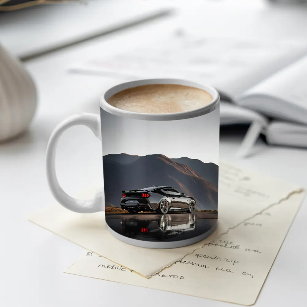 Ford Mustang Black Wet Road Mountain Backdrop – Mugs
