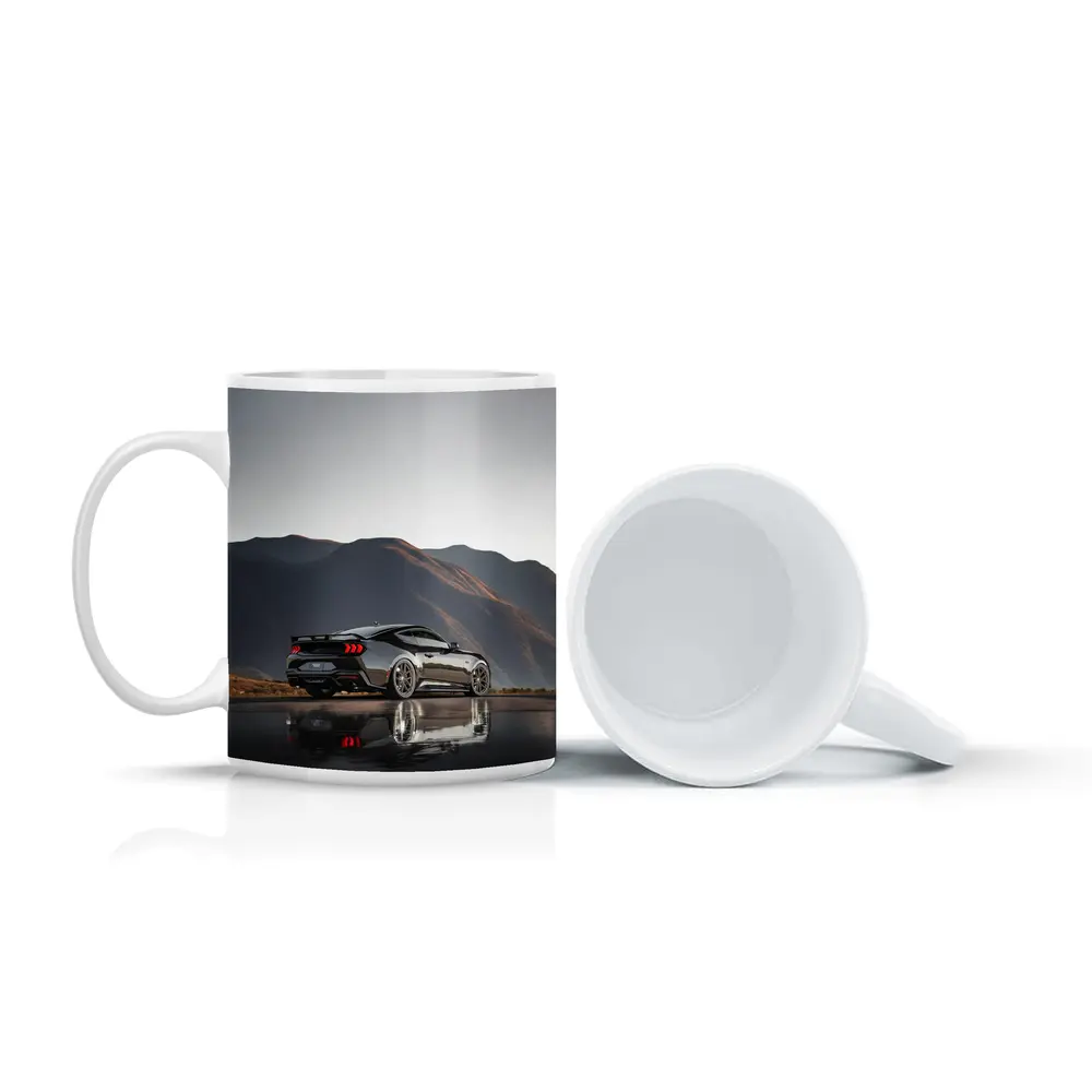 Ford Mustang Black Wet Road Mountain Backdrop – Mugs