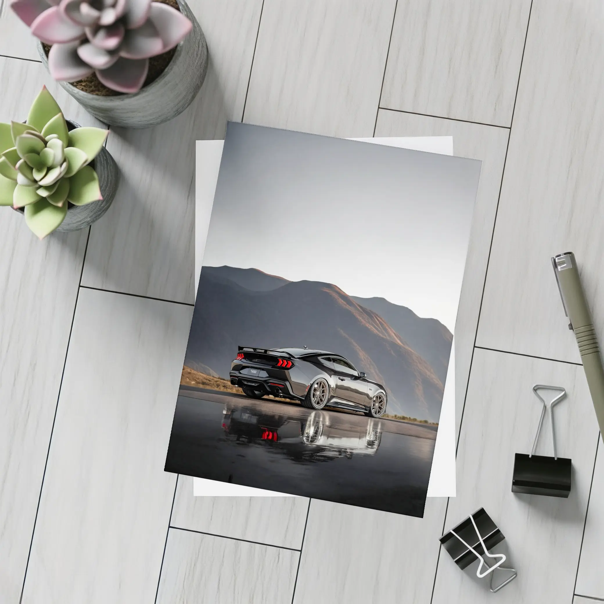 Ford Mustang Black Wet Road Mountain Backdrop – Postcards
