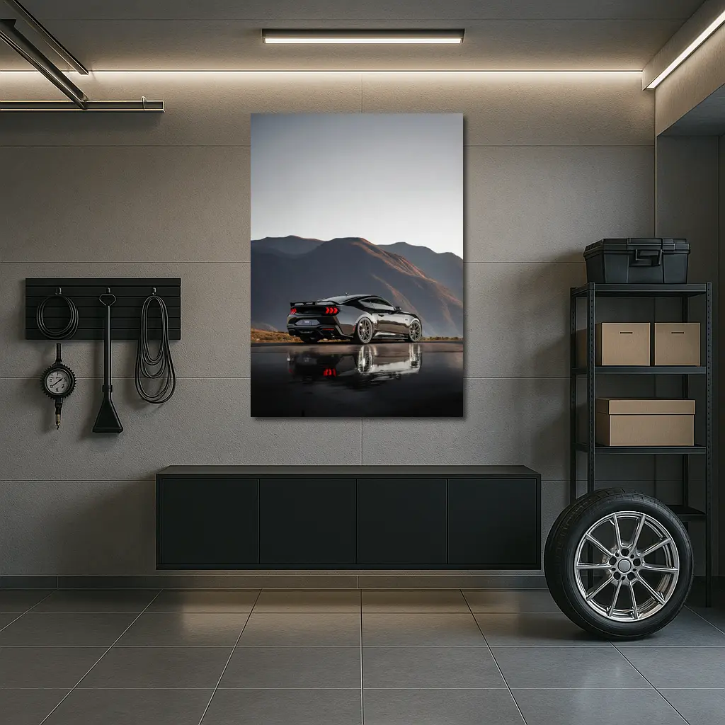 Ford Mustang Black Wet Road Mountain Backdrop – Wall Art
