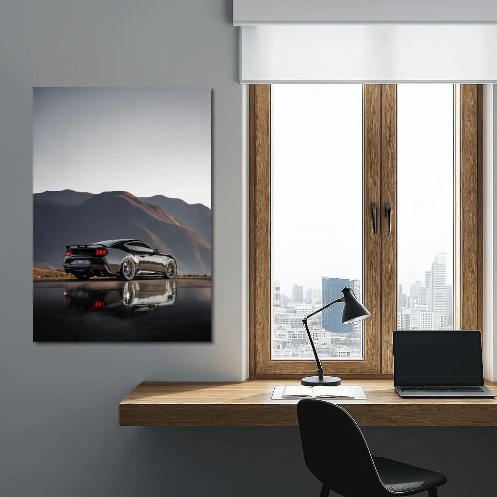 Ford Mustang Black Wet Road Mountain Backdrop – Wall Art
