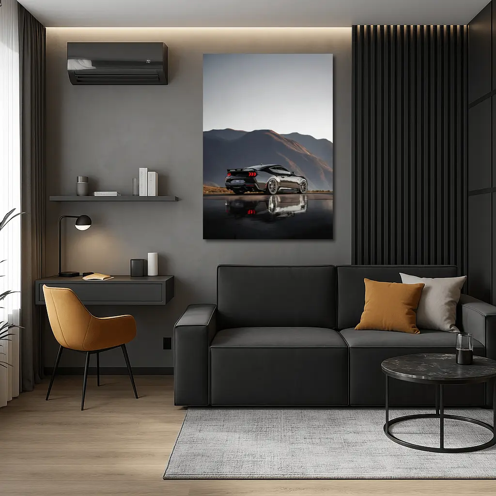Ford Mustang Black Wet Road Mountain Backdrop – Wall Art