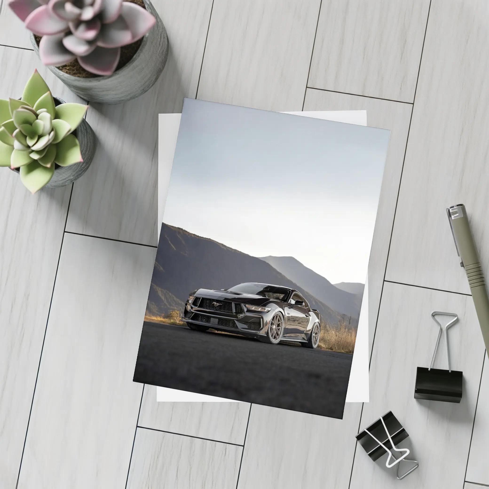 Ford Mustang Black Car Mountain Background – Postcards