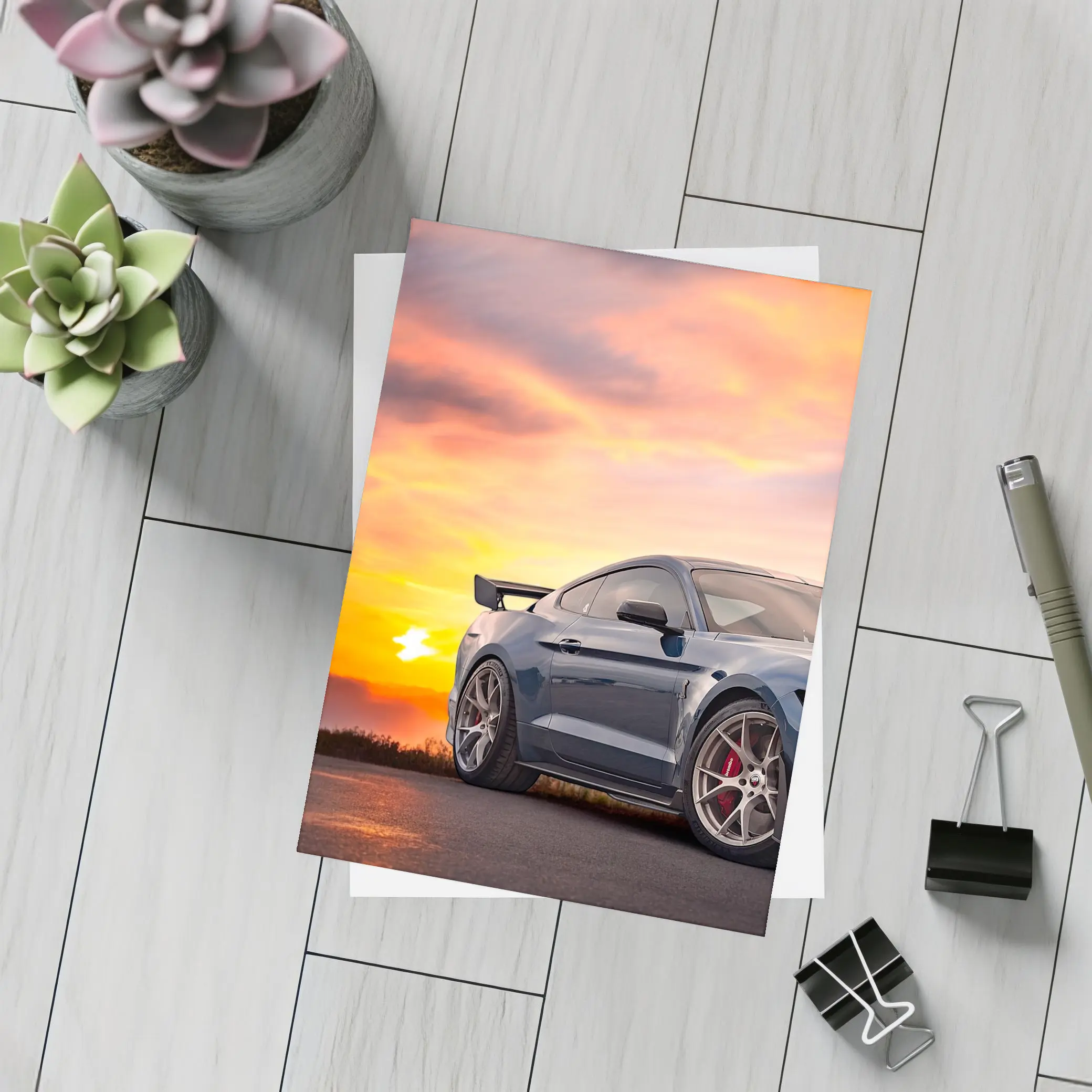 Ford Mustang Blue Coupe Sunset Sky – Postcards