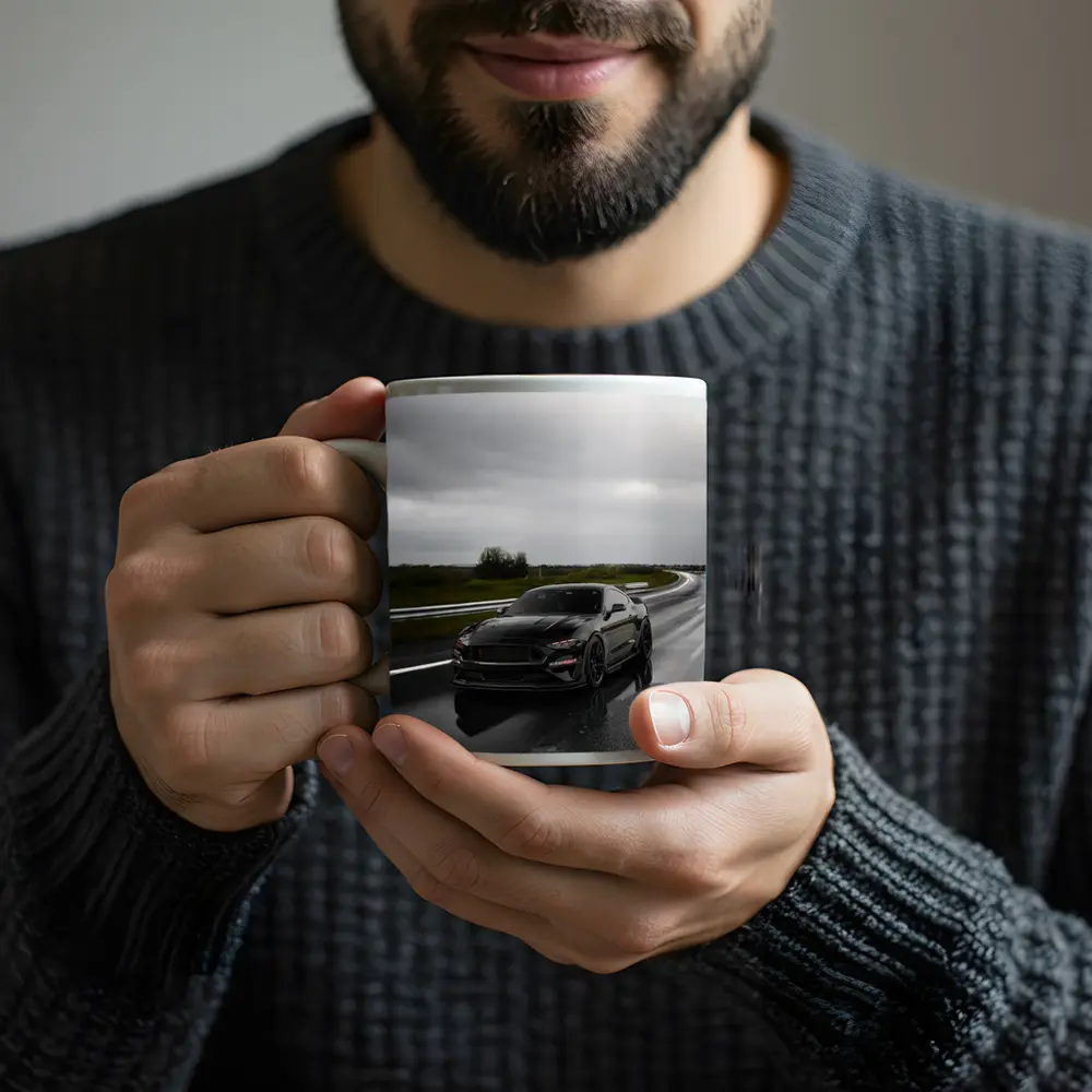 Ford Mustang Black Muscle Car Wet Road – Mugs